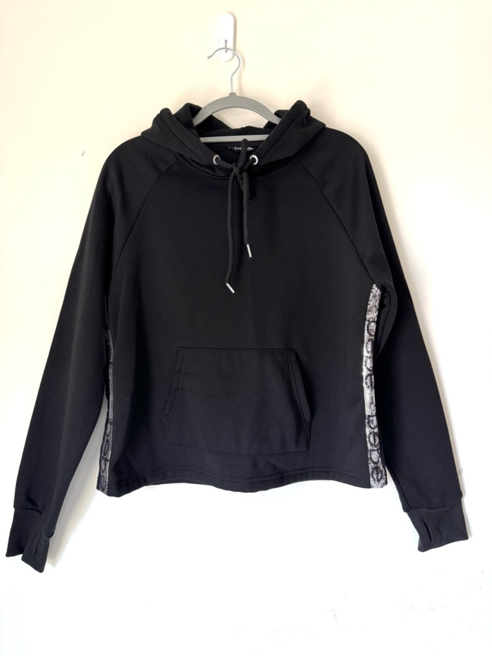 Bebe Black Sequin Stripe Hoodie Sweatshirt-silver